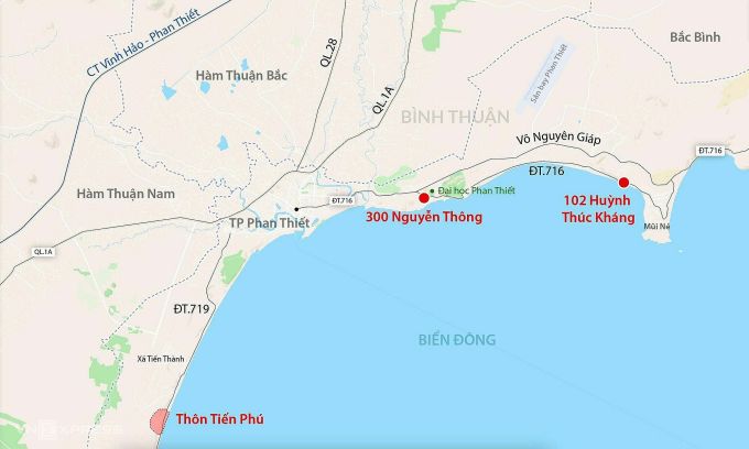 Ba khu vực thường xuyên lũ cát trên tuyến đường dọc biển Phan Thiết. Đồ hoạ: Đăng Hiếu